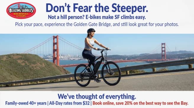 Criativo de anúncio da Blazing Saddles para o passeio de e-bike na Golden Gate