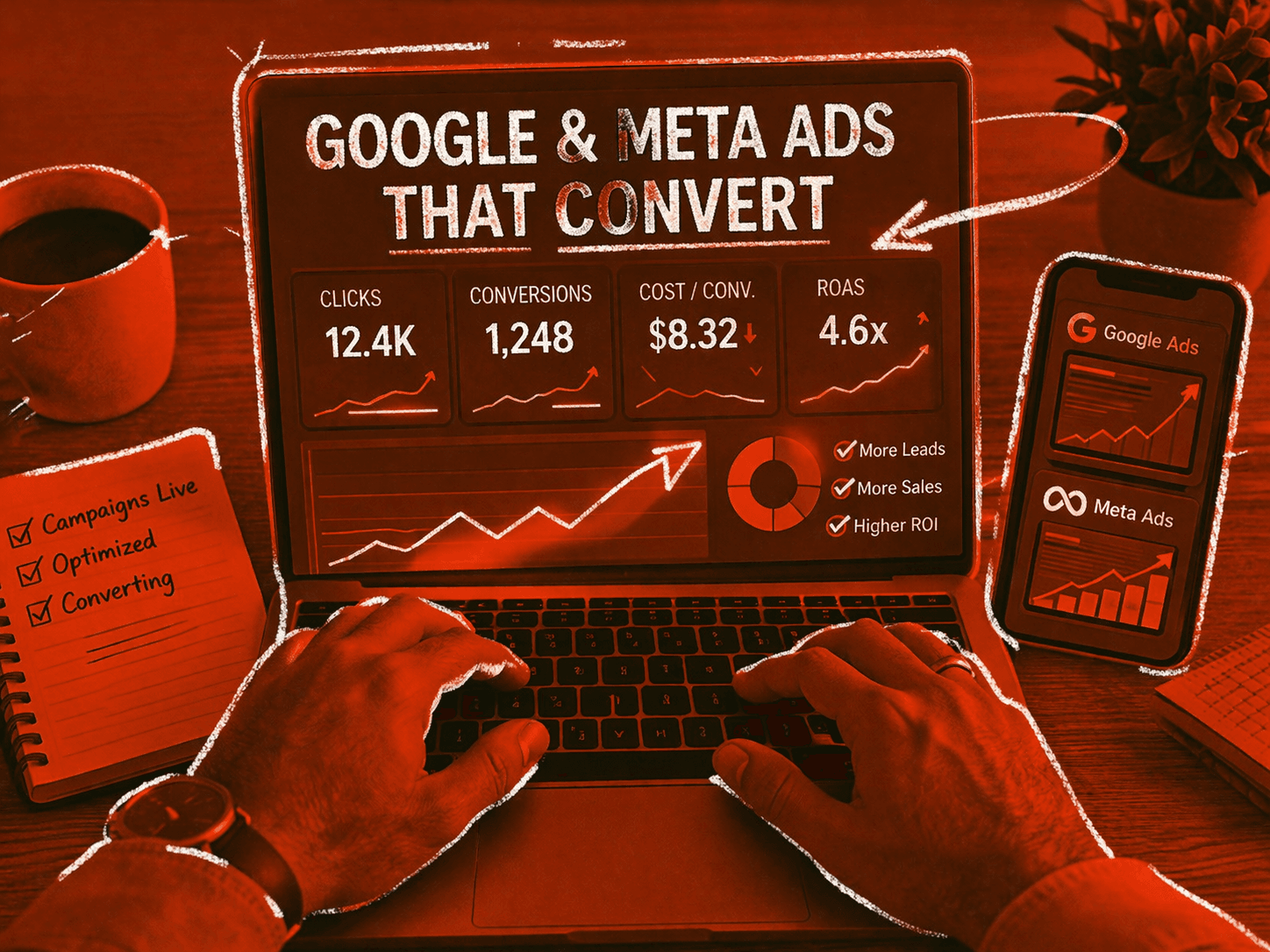 Illustrated paid media visual showing Google and Meta ads targeting and conversion tracking