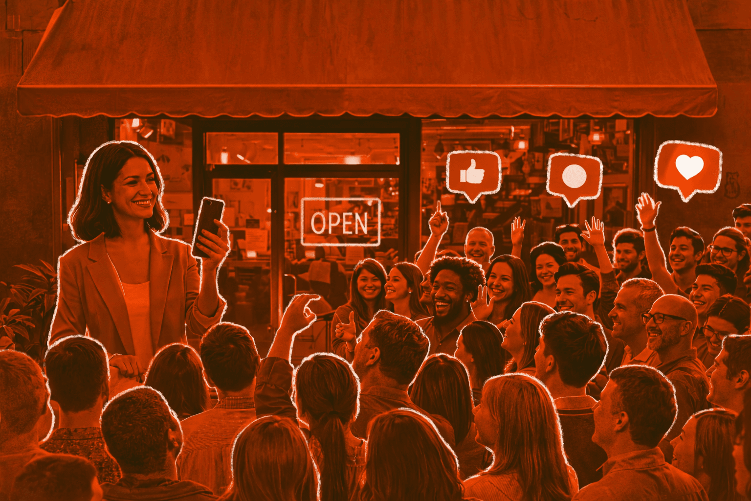 Illustrated community management and growth visual with audience engagement icons